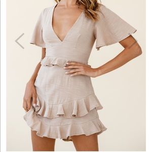 Queenie Angel Sleeve Ruffle Trim Dress Mocha